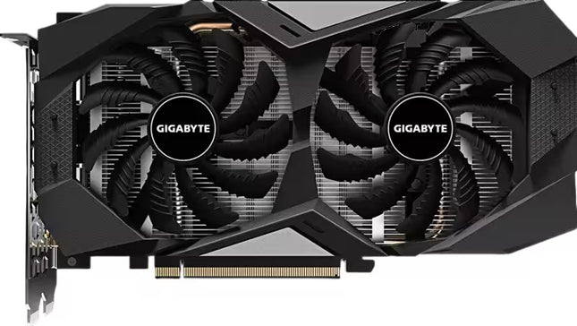 Gigabyte graphics card with dual fans on a white background
