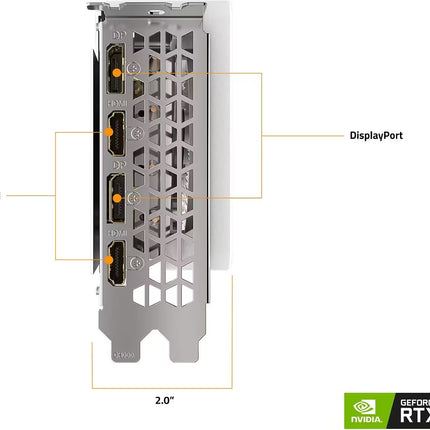 Close-up view of the I/O bracket of a Gigabyte Vision OC GeForce RTX graphics card, showing 2x DisplayPort and 2x HDMI ports with yellow text labels and a width measurement of 2.0 inches.
