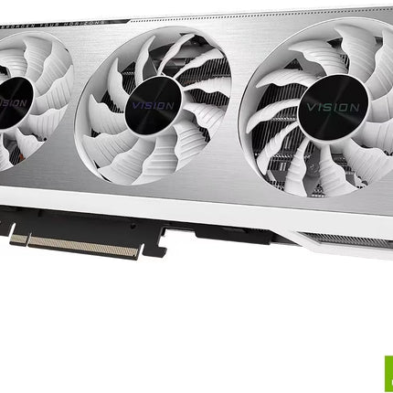 Perspective angled shot of a white and silver Gigabyte Vision OC GeForce RTX graphics card, highlighting the triple Windforce fans with "VISION" branding on the center hubs.