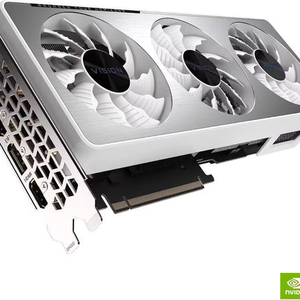 High-angle view of the Gigabyte Vision OC GeForce RTX GPU, displaying the sleek brushed aluminum shroud, triple white cooling fans, and the rear video output ports.