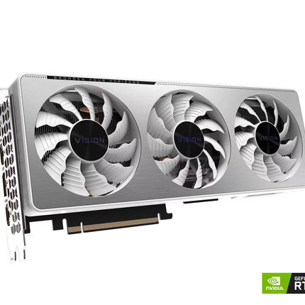 NVIDIA Vision RTX graphics card with a silver and white triple-fan cooling system, shown from a three-quarter angle on a white background with an NVIDIA RTX logo in the bottom right corner.