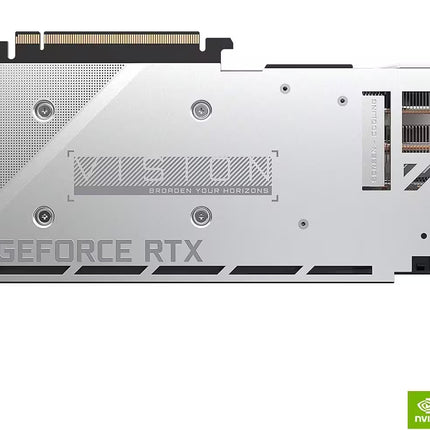 Silver NVIDIA GeForce RTX graphics card shown from the back, featuring a metallic silver heatsink, screws, and a gold PCIe connector, on a white background with an NVIDIA GeForce RTX logo in the bottom right corner.