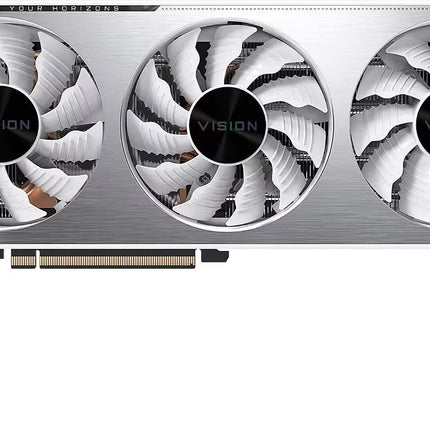 NVIDIA GeForce RTX 3070 Vision graphics card with a silver and white triple-fan cooling system, shown from a top-down angle on a white background with an NVIDIA GeForce RTX logo in the bottom right corner.