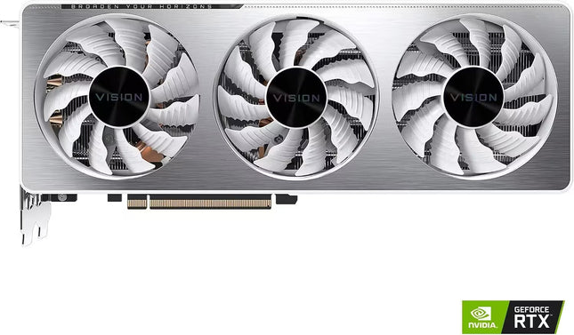 NVIDIA GeForce RTX 3070 Vision graphics card with a silver and white triple-fan cooling system, shown from a top-down angle on a white background with an NVIDIA GeForce RTX logo in the bottom right corner.