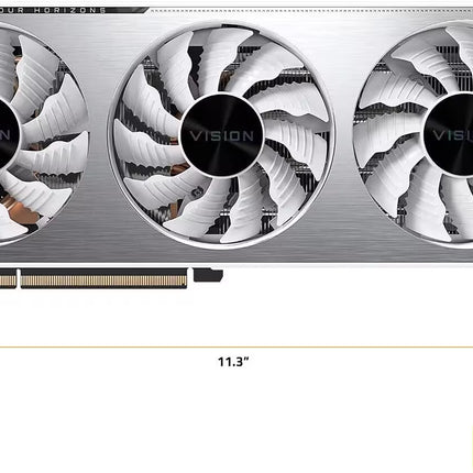 A NVIDIA Vision GeForce RTX graphics card shown from a top-down perspective with dimension lines indicating 11.3 inches in width and 4.