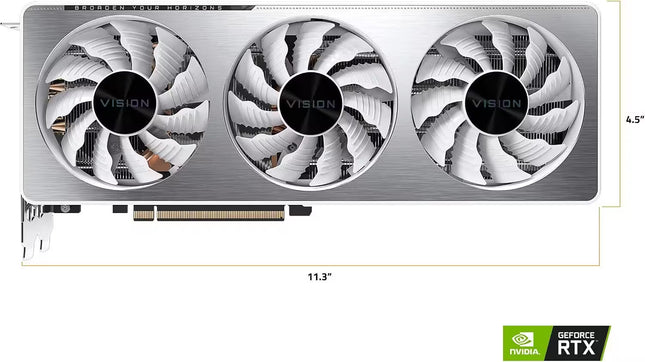 A NVIDIA Vision GeForce RTX graphics card shown from a top-down perspective with dimension lines indicating 11.3 inches in width and 4.