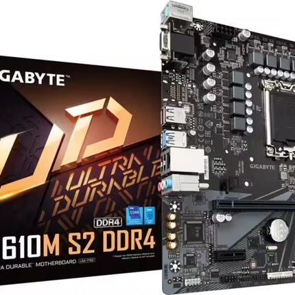 Product box and perspective view of a Gigabyte H610M S2 DDR4 Ultra Durable Micro-ATX motherboard. The black retail box is on the left displaying the large bronze "UD" logo, and the bare motherboard is standing on the right, showcasing its LGA1700 CPU socket, PCIe slot, and rear I/O ports.