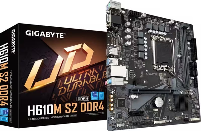 Product box and perspective view of a Gigabyte H610M S2 DDR4 Ultra Durable Micro-ATX motherboard. The black retail box is on the left displaying the large bronze "UD" logo, and the bare motherboard is standing on the right, showcasing its LGA1700 CPU socket, PCIe slot, and rear I/O ports.
