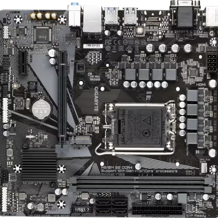 Top-down, flat lay view of a black Gigabyte H610M S2 DDR4 Micro-ATX motherboard circuit board. The layout clearly shows the central Intel LGA1700 CPU socket, two DDR4 memory slots at the bottom, a PCIe 4.0 x16 slot on the left, an M.2 storage slot, power delivery components, and integrated chipsets.