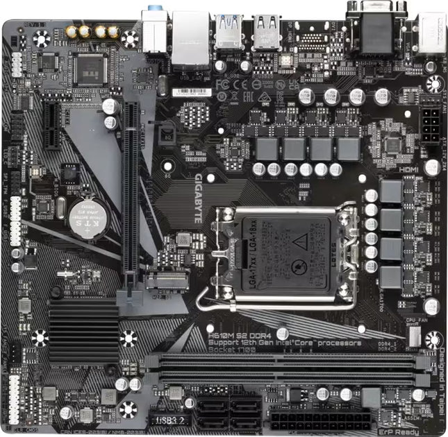 Top-down, flat lay view of a black Gigabyte H610M S2 DDR4 Micro-ATX motherboard circuit board. The layout clearly shows the central Intel LGA1700 CPU socket, two DDR4 memory slots at the bottom, a PCIe 4.0 x16 slot on the left, an M.2 storage slot, power delivery components, and integrated chipsets.