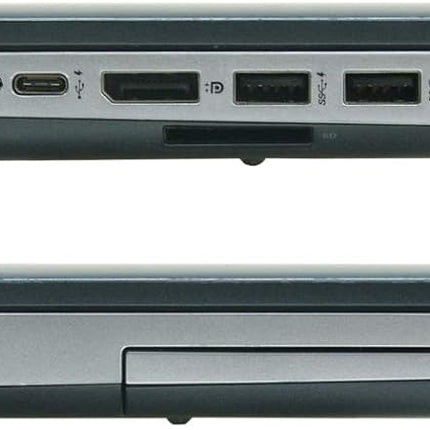 Top and side views of a laptop with ports and features.