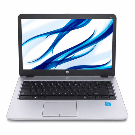 An HP laptop with a silver aluminum chassis, black keyboard, and a screen displaying a blue and white abstract wallpaper, shown on a solid white background.