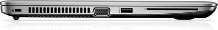 HP EliteBook 840 G4 laptop shown from the side, highlighting the ventilation grilles, VGA port, USB port, and SD card slot.