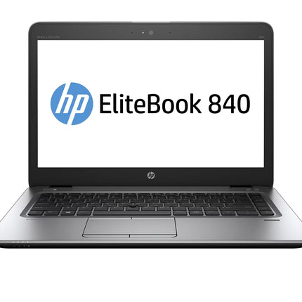 An HP EliteBook 840 laptop shown open from the front on a plain white background. The screen displays the HP logo and the text 'EliteBook 840'.