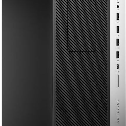 HP EliteDesk desktop computer tower in black with a textured front panel and a silver side panel featuring the HP logo and port openings.