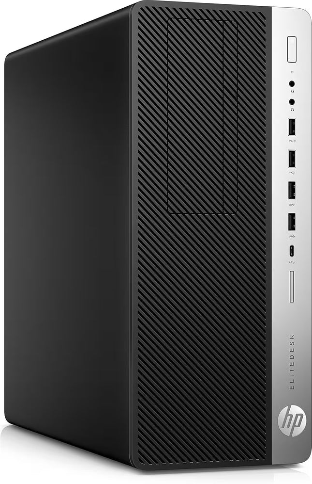 HP EliteDesk desktop computer tower in black with a textured front panel and a silver side panel featuring the HP logo and port openings.