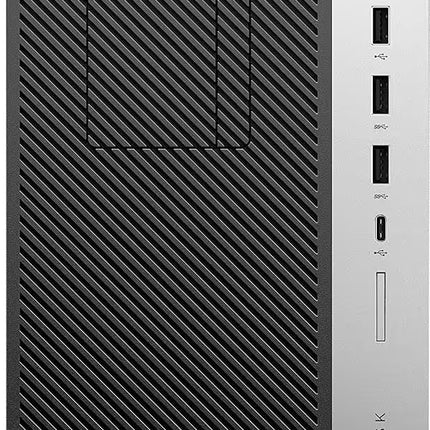 HP EliteDesk desktop tower computer in black with a textured diagonal pattern on the front and a silver vertical panel on the right side featuring ports and the HP logo.