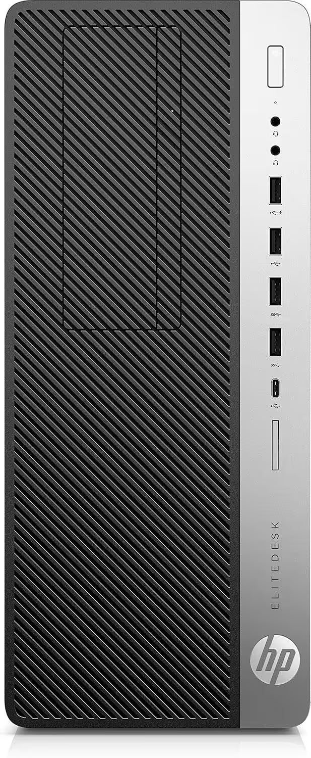 HP EliteDesk desktop tower computer in black with a textured diagonal pattern on the front and a silver vertical panel on the right side featuring ports and the HP logo.