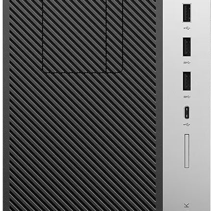 HP EliteDesk desktop computer tower in black with a textured diagonal pattern on the front and a silver vertical side panel showing ports and the HP logo.