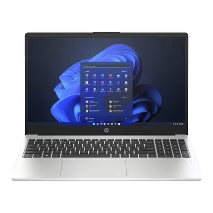 Laptop with a blue screen displaying the HP logo on a white background