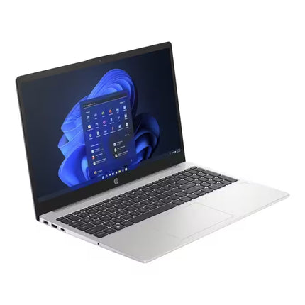 Laptop with a blue abstract design on the screen on a white background