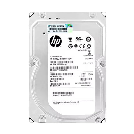 HP 2TB 10k SAS internal enterprise hard drive, model MB2000GCWLT, with a white label and silver metal casing, shown on a plain white background.