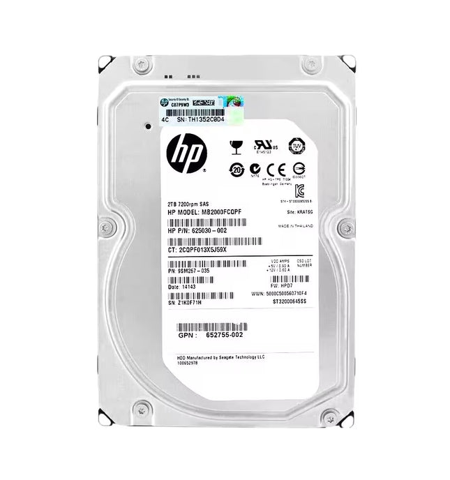 HP 2TB 10k SAS internal enterprise hard drive, model MB2000GCWLT, with a white label and silver metal casing, shown on a plain white background.