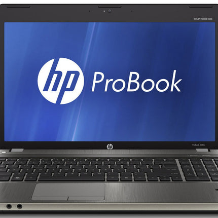 HP ProBook laptop with blue screen displaying HP logo
