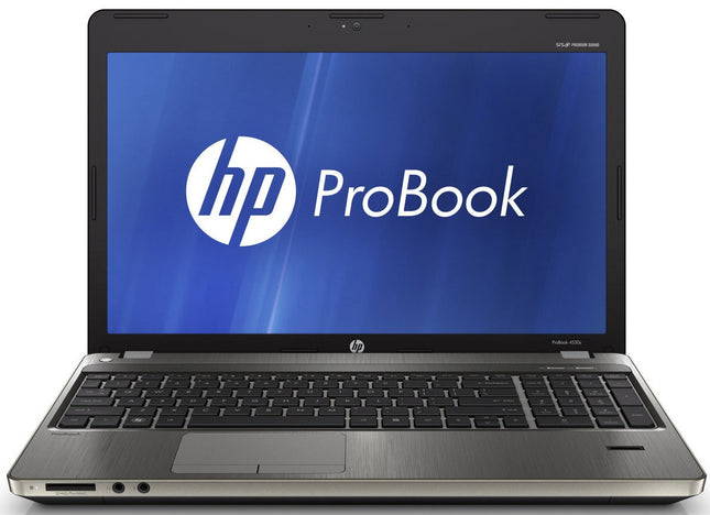 HP ProBook laptop with blue screen displaying HP logo