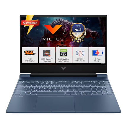 HP Victus gaming laptop with AMD Ryzen 7 7445HS processor, NVIDIA GeForce RTX 4050 graphics, 144Hz FHD IPS display, and backlit keyboard.