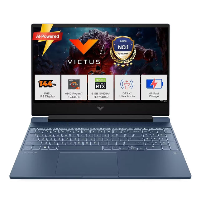 HP Victus gaming laptop with AMD Ryzen 7 7445HS processor, NVIDIA GeForce RTX 4050 graphics, 144Hz FHD IPS display, and backlit keyboard.
