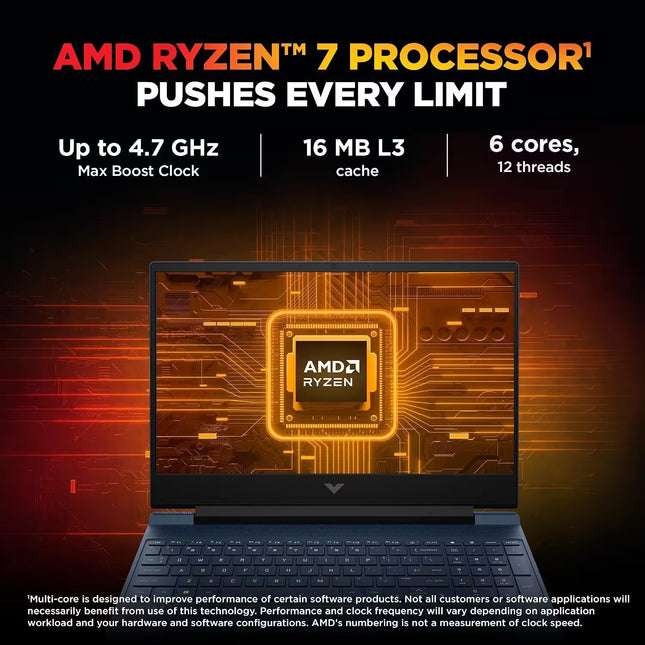 HP Victus gaming laptop featuring an AMD Ryzen 7 processor with up to 4.7GHz boost clock, 16MB L3 cache, and 6 cores with 12 threads.
