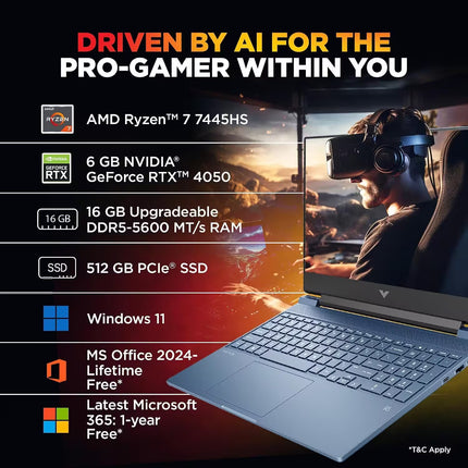 HP Victus gaming laptop highlighting AMD Ryzen 7 7445HS processor, 6GB NVIDIA GeForce RTX 4050 graphics, 16GB upgradeable DDR5-5600 RAM, 512GB PCIe SSD, and Windows 11.