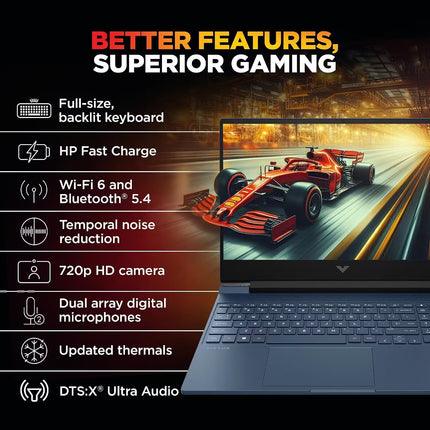 HP Victus gaming laptop highlighting gaming features including a full-size backlit keyboard, HP Fast Charge, Wi-Fi 6, Bluetooth 5.4, 720p HD camera, dual-array microphones, updated thermals, and DTS:X Ultra Audio.