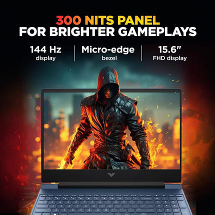 HP Victus gaming laptop with a 15.6-inch FHD display, 144Hz refresh rate, 300-nit brightness, and micro-edge bezels