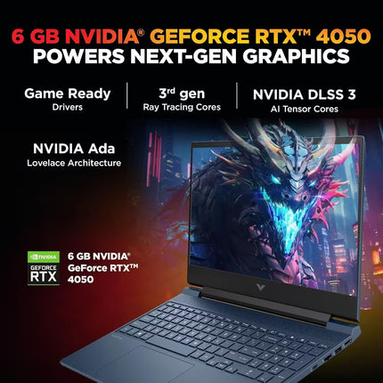 HP Victus gaming laptop featuring 6GB NVIDIA GeForce RTX 4050 graphics with NVIDIA Ada Lovelace architecture, third-generation ray tracing cores, and DLSS 3.