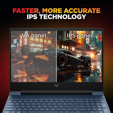 HP Victus gaming laptop showcasing an IPS display compared with a VA panel, highlighting improved image clarity and faster performance with IPS technology.