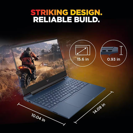 HP Victus gaming laptop shown in an angled view, highlighting its 15.6-inch display, slim 0.93-inch profile, and dimensions of approximately 14.09 by 10.04 inches.