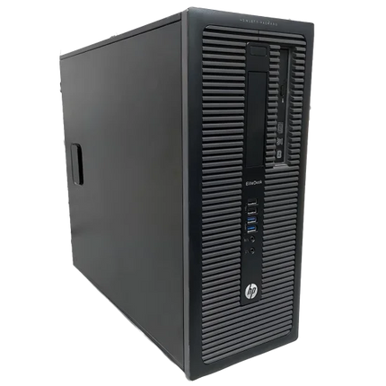 Black HP desktop computer tower on a white background