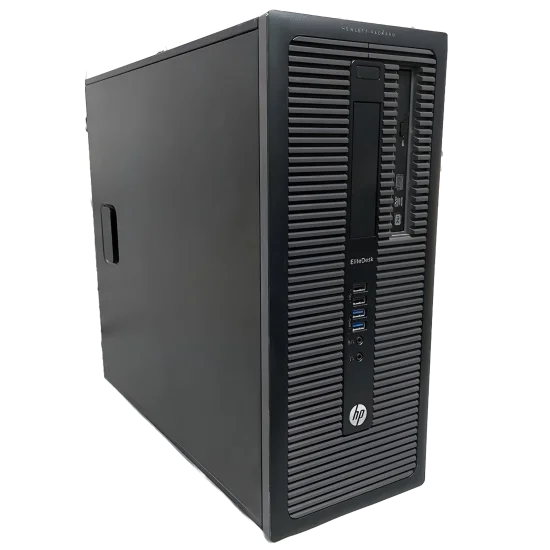 Black HP desktop computer tower on a white background