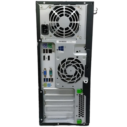 Back view of a computer tower with visible components on a white background