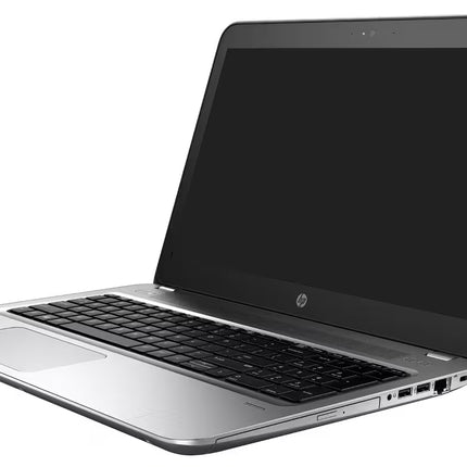 Open laptop with black screen on a white background