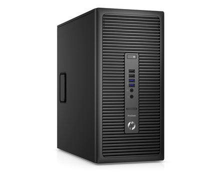 Black HP desktop computer tower on a white background