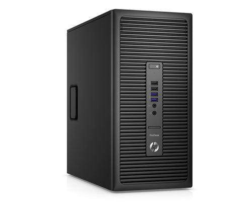 Black HP desktop computer tower on a white background