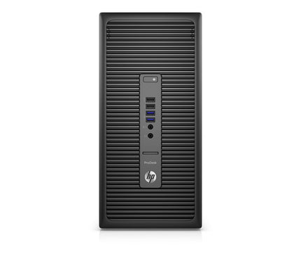 Black HP desktop computer tower on a white background