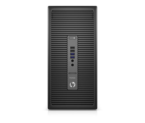 Black HP desktop computer tower on a white background