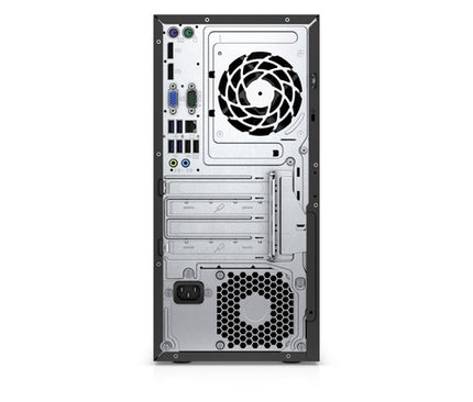 Back view of a computer case with various ports and components on a white background