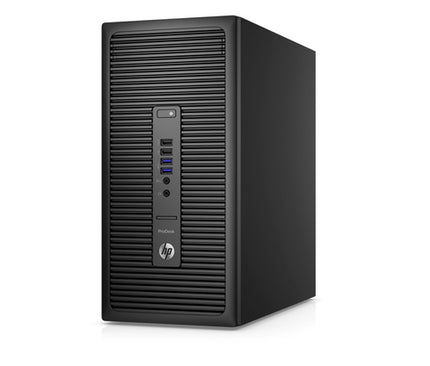 Black HP desktop computer tower on a white background