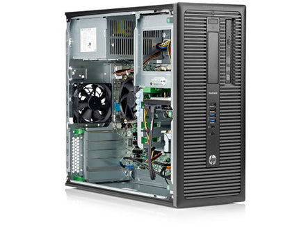 HP ProDesk computer tower with open side panel on a white background