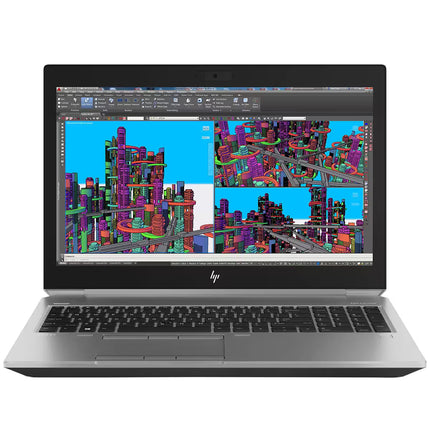 Laptop displaying a colorful 3D cityscape on a white background